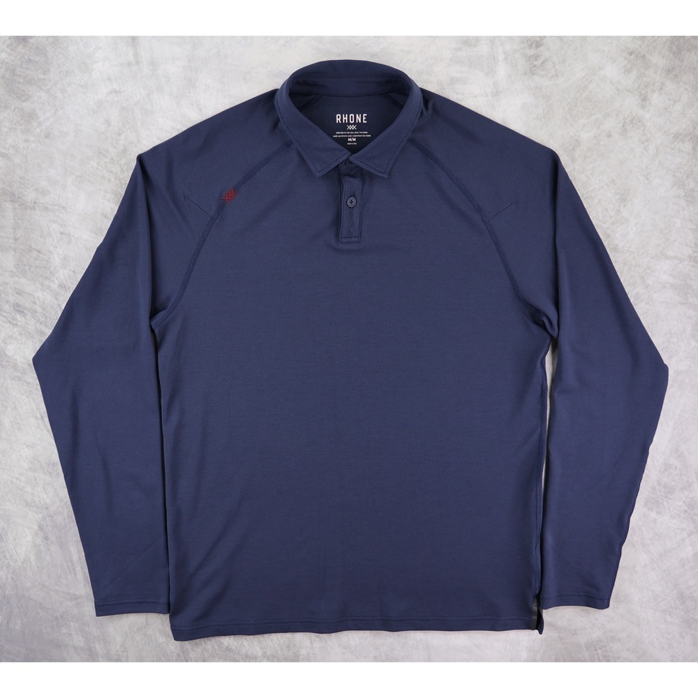 Rhone Long Sleeve Delta Pique Polo Shirt Mens Medium M Navy Blue Stretch 100173